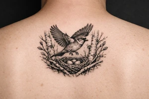 fine line black and grey tattoo of a detailed sparrow taking flight from a simple nest nestled in silver birch branches tattoo idea