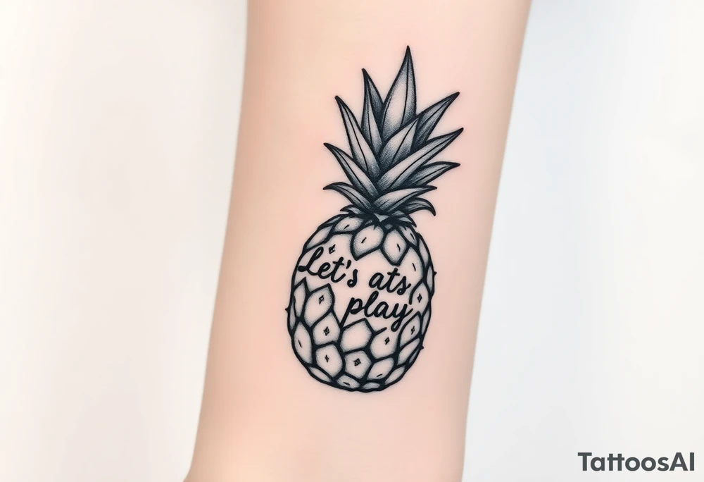 A black ink wrist tattoo featuring a realistic yet minimalistic pineapple. The pineapple is finely detailed with clean, precise lines, capturing the natural texture of the fruit while keeping the design subtle and uncluttered. Inside the body of the pineapple, the phrase "Let's play" is clearly placed in a bold but not overly thick font, ensuring readability while maintaining balance with the overall design. The leaves of the pineapple have a fine-line style with slight variations in thickness for a natural feel. The tattoo blends fine details with subtle bold elements, creating a clean and modern aesthetic. tattoo idea