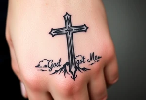 God got me with cross and clouds in background tattoo idea