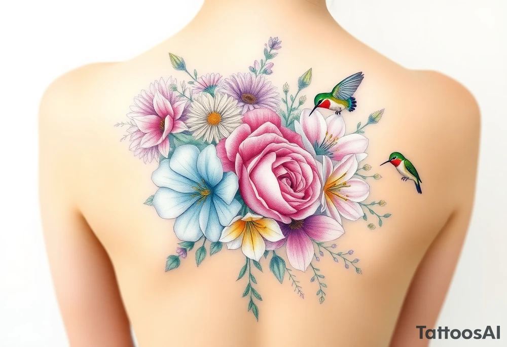 Bouquet of flowers With pastel carnation, Aster, rose, Lily, two Larkspur,  narciussus, And two little hummingbirds. tattoo idea