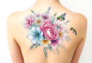 Bouquet of flowers With pastel carnation, Aster, rose, Lily, two Larkspur,  narciussus, And two little hummingbirds. tattoo idea
