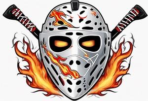 goalie mask with crossed hockey sticks and flames that says "SHOT HOCKEY" tattoo idea