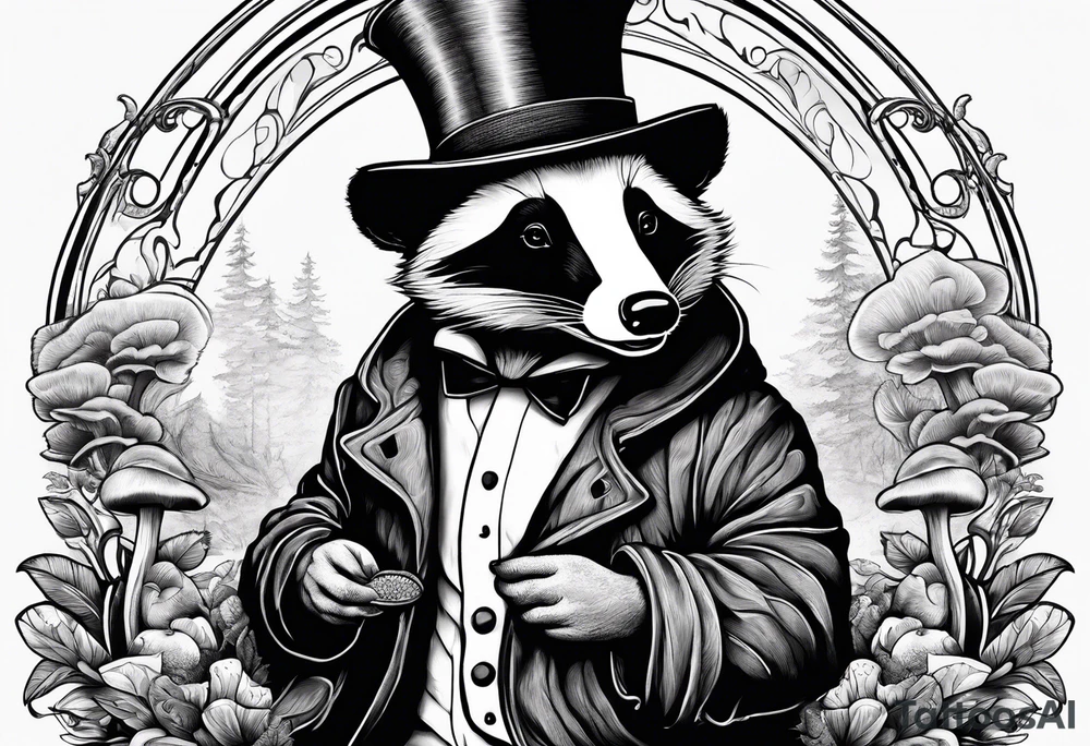 Badger in a coat sitting on a mushroom tattoo idea