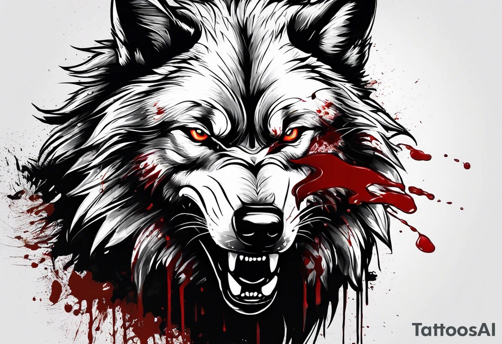 Create aggressive WOLF, with some blood coming out of his mouth and saliva. BLOOD IN THE BACKGROUND. Make it a drawing and use the image of reference. I am going to add. I want HIM TO BE ANGRY WITH RED EYES use VICIOUS WOLF THATS ANGRY tattoo idea