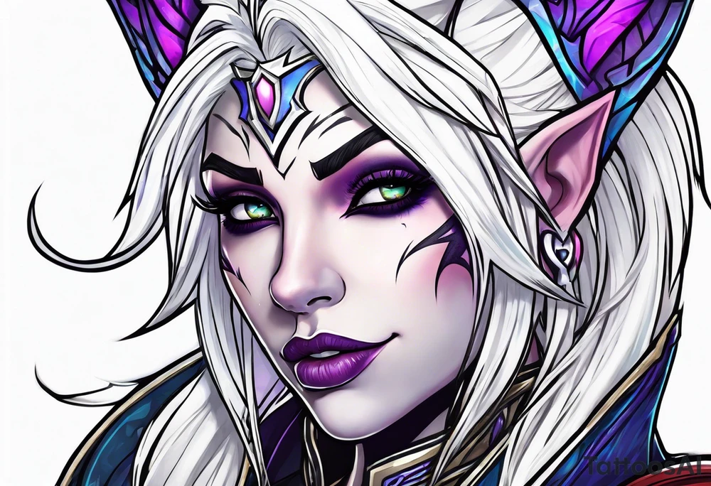 night elf from world of warcraft designed like harley quin with white hair tattoo idea