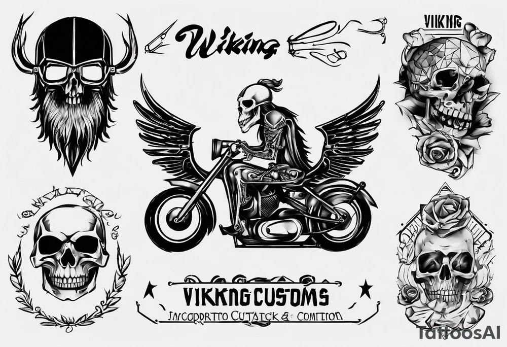 I want a tattoo of a motorcycle and a skeleton in the back with the name “Viking Customs” incorporated in the design tattoo idea