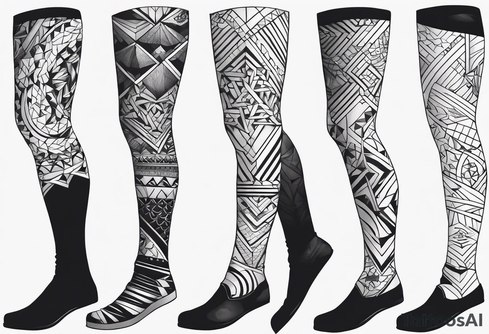 Mix match geometric pattern full leg sleeve male tattoo idea