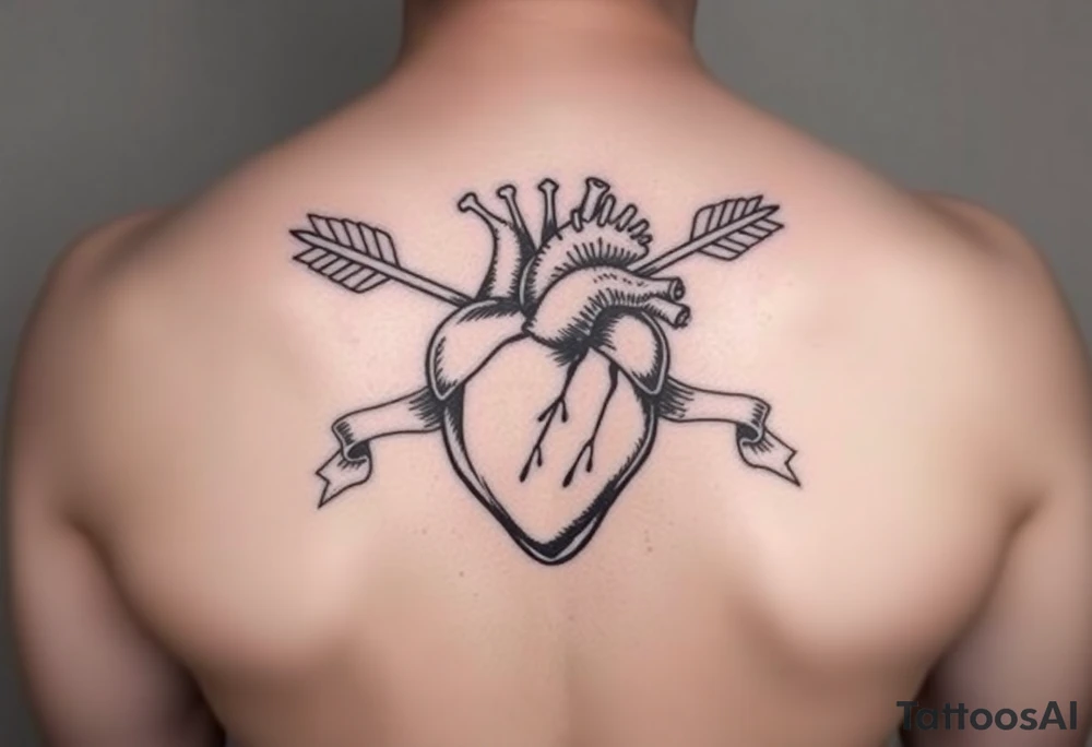 anatomical heart pierced by ornate arrow with flowing ribbons tattoo idea