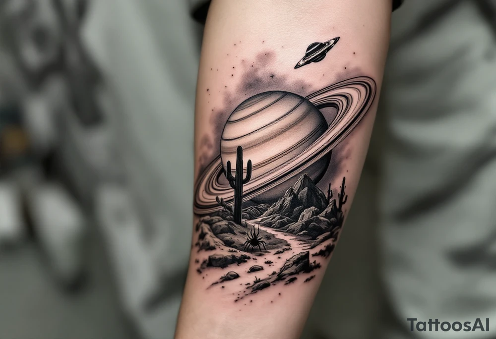 saturn with the rings being a rollercoaster track, and on the land i want the cactus jack cactus, a spider and the yeat UFO, on the forearm tattoo idea