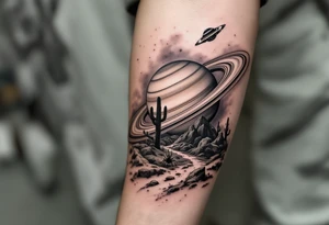 saturn with the rings being a rollercoaster track, and on the land i want the cactus jack cactus, a spider and the yeat UFO, on the forearm tattoo idea