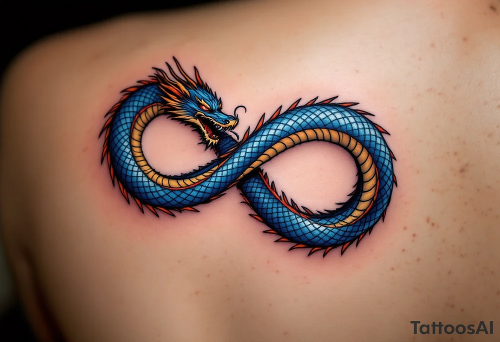 The design features a dragon coiled into the shape of the infinity symbol (sideways number "8"). The dragon is depicted eating its own tail, symbolizing eternity and continuity (Ouroboros-inspired).

Details:

The dragon's body should be slightly thicker for a more powerful and robust look.
Its vibrant blue scales should include subtle patterns in red and yellow, creating a striking contrast while maintaining elegance.
Style:

The dragon’s texture should remain smooth and glossy, emphasizing its detailed scales and flowing form.
The focus is entirely on the dragon, keeping the background minimalistic for a clean, modern aesthetic. tattoo idea