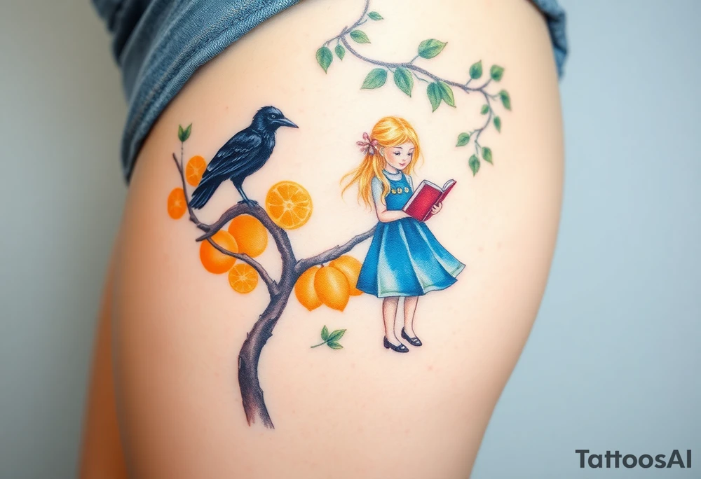 A Raven standing on the branch of an orange tree. A blond little girl wearing a blue dress reading a book under the tree. tattoo idea