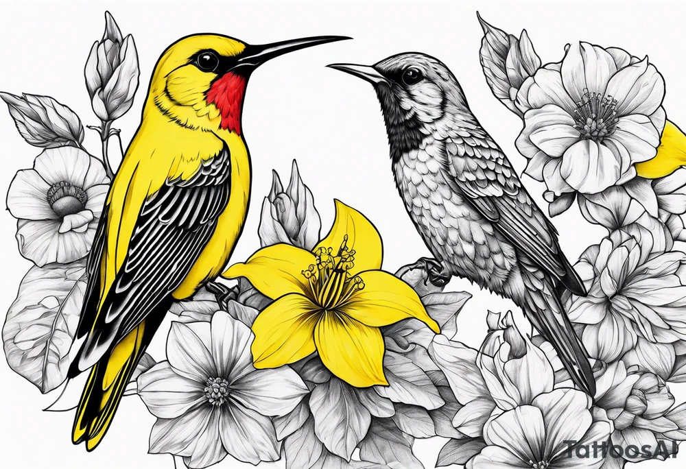 Sad, death, hummingbird, yellow finch, cardinal, flower garden, tattoo idea