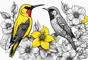 Sad, death, hummingbird, yellow finch, cardinal, flower garden, tattoo idea