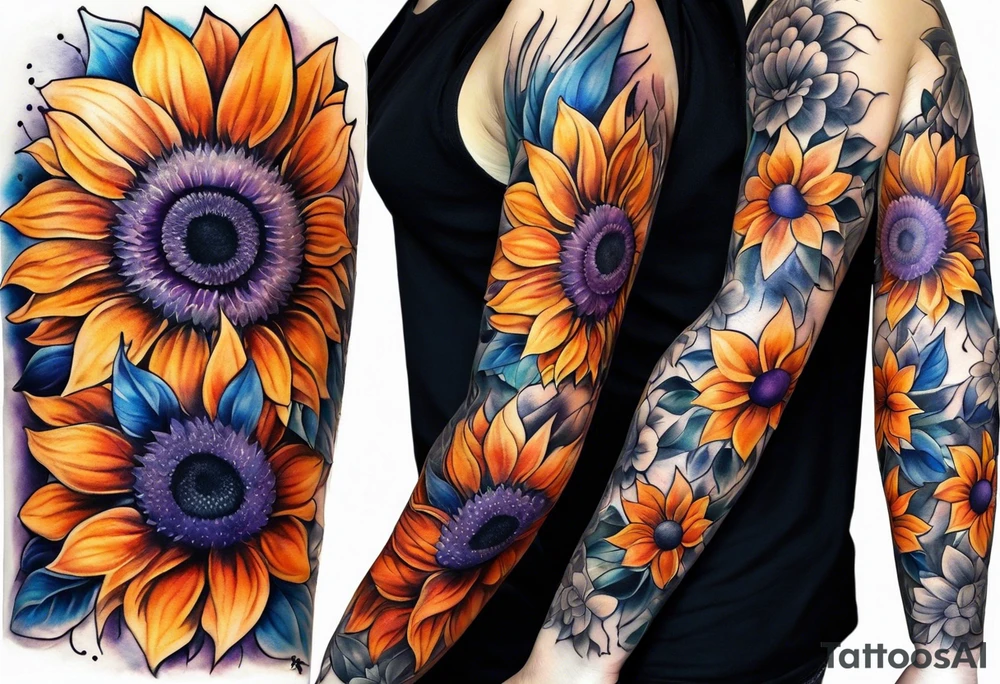 Full arm sleeve with purple, orange and blue sunflowers tattoo idea Full arm sleeve with purple, orange and blue sunflowers tattoo idea