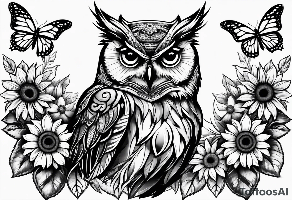Owl with butterfly and sunflower tattoo idea