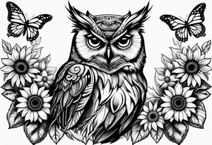 Owl with butterfly and sunflower tattoo idea