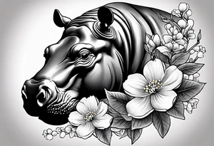 A hippo head with a detailed realistic full moon on upper right corner and wintersweet flower on lower left corner tattoo idea