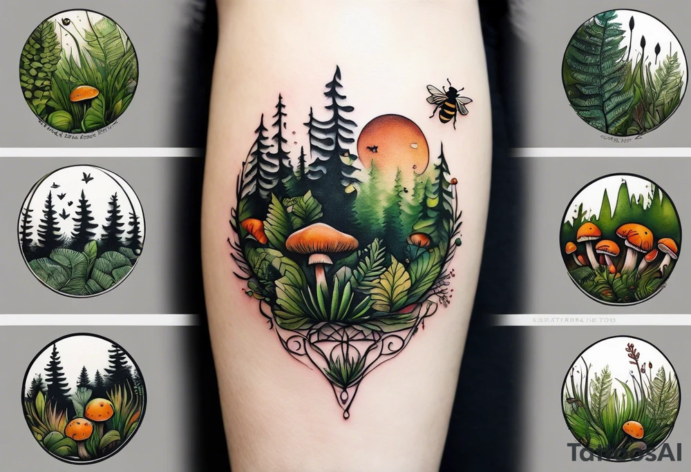 forest floor inspired minimalist tattoo, which includes grass, curly ferns, moss and dead leaves as the bulk of the tattoo. details to include: forest berries, a tiny bumblebee flying nearby, three small brown mushrooms
Generate a vertically long one tattoo idea