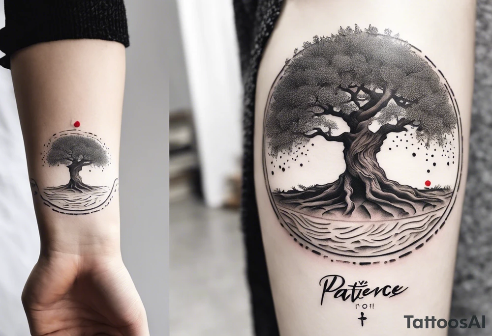 And olive tree with exposed roots, writing out “patience” in Korean, next to a tree stump with exposed rings, and a small Poppy flower growing out of the ground tattoo idea