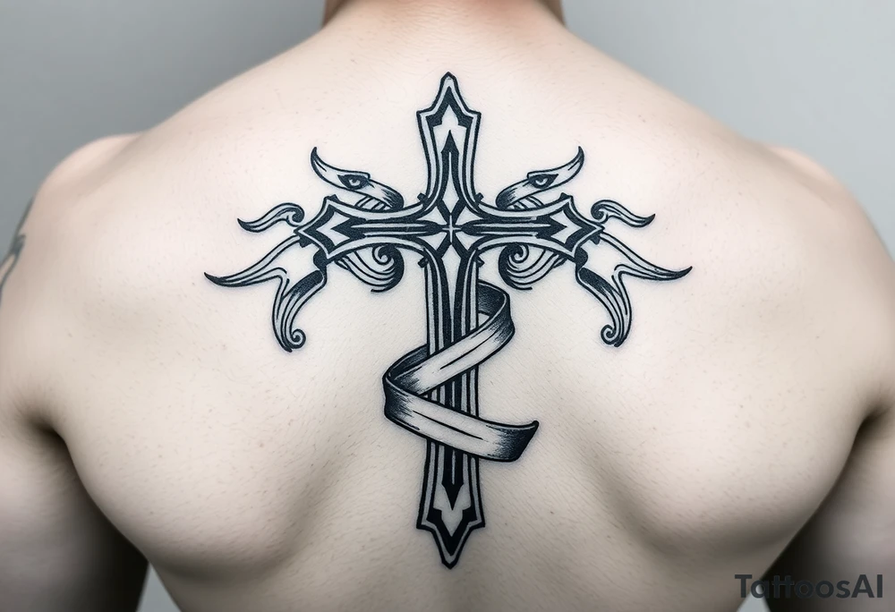 A cross  surrounded with ribbon by Micronesian tribal for forearm tattoo idea