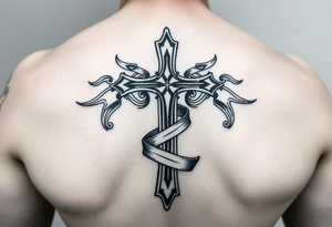 A cross  surrounded with ribbon by Micronesian tribal for forearm tattoo idea