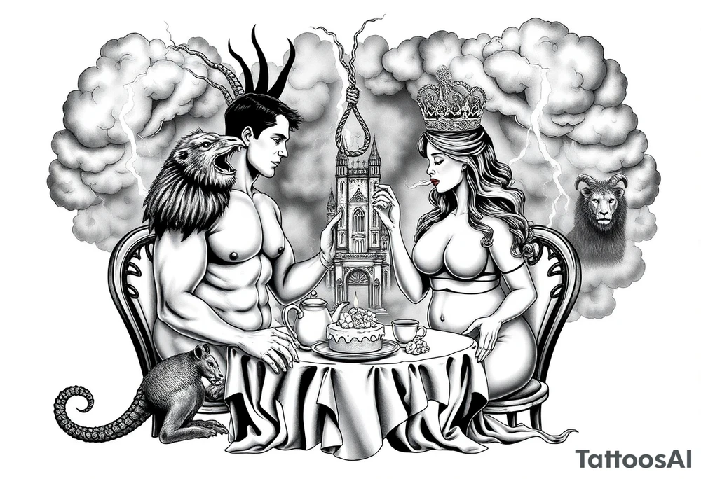 Naked Man and woman having sex Storm lightening clouds gothic sexy naked fat lady having a tea party with tea pot and medieval castle
with a pigglets, peacock, noose, lion, goat, smoking cigerettes looking in the mirror eating a cake thru storm clouds with razor blades and broken hearts and darkness and wrath, envy , gluttony, greed, sloth, pride kill tattoo idea