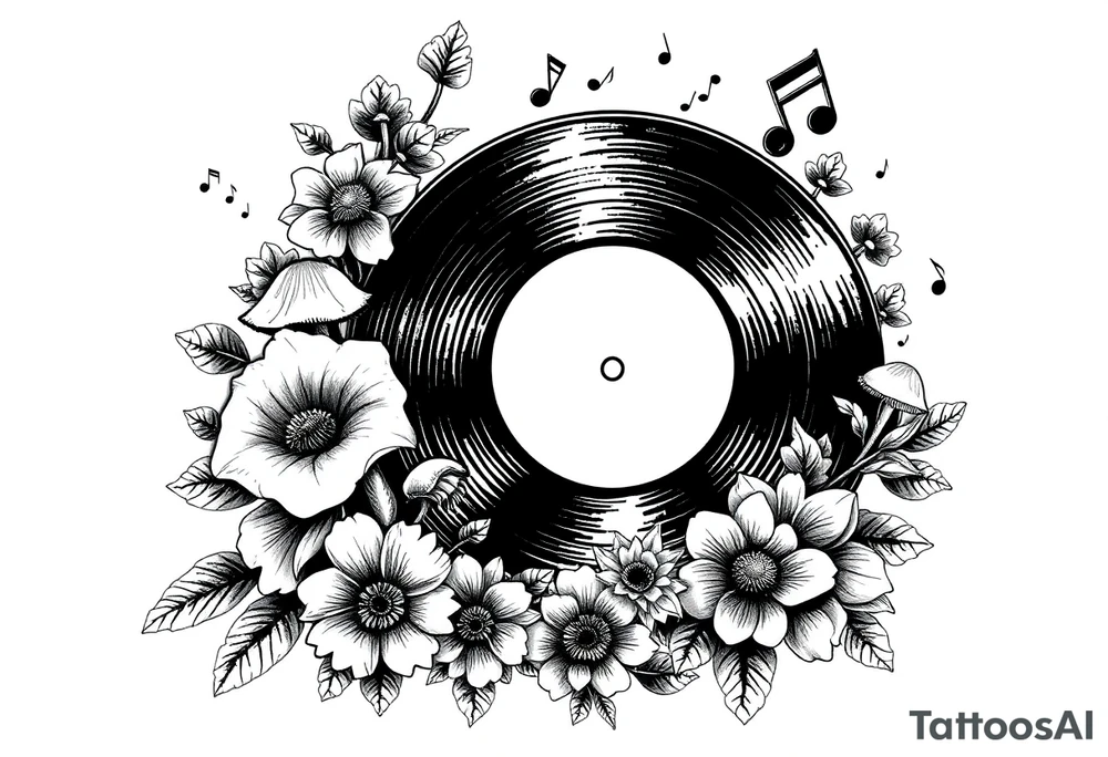 vinyl record surrounded by flowers, mushrooms, and music notes tattoo idea