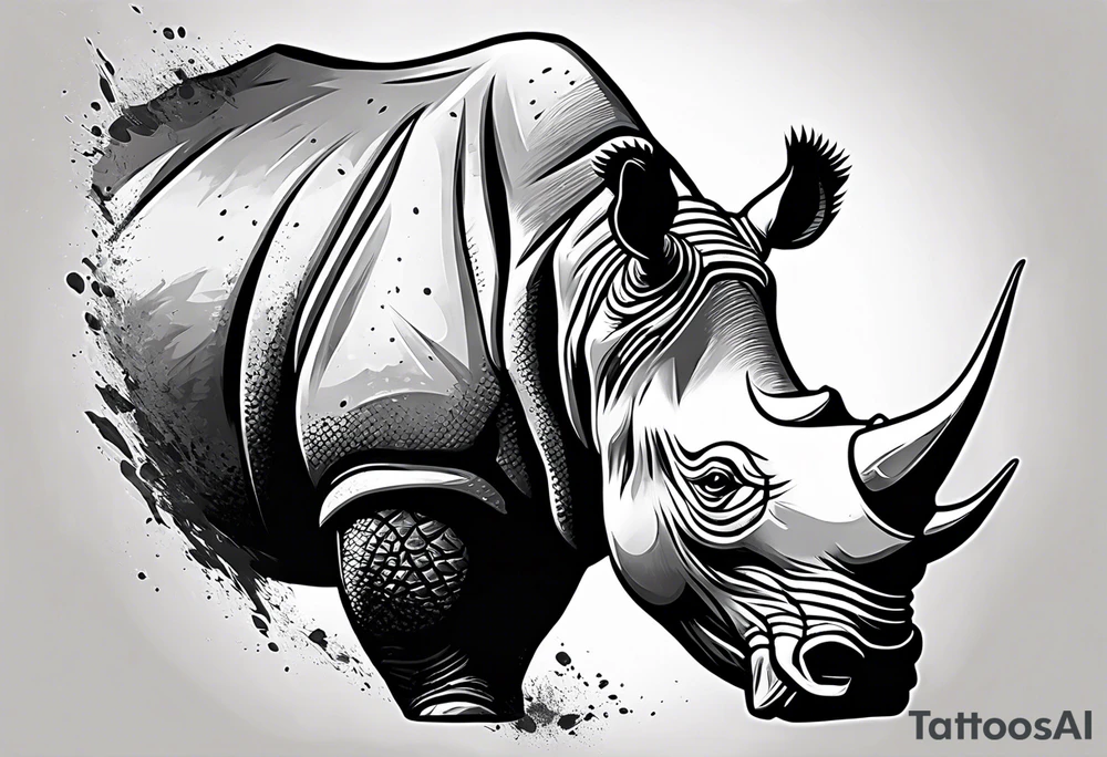 A front-facing rhino head with a sharp elongated tusk that appears angry and fierce tattoo idea