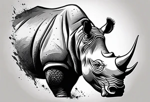 A front-facing rhino head with a sharp elongated tusk that appears angry and fierce tattoo idea