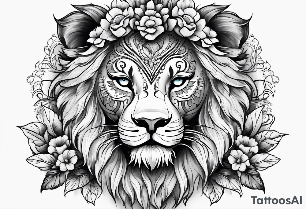 Lion, sugar skull,  flower tattoo idea