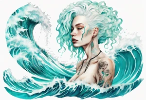 a tall albino woman made of water with turquoise hair sitting upon a wave tattoo idea