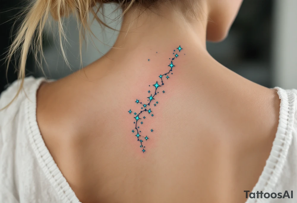 The Pisces constellation is dotted with tiny aquamarine stars that flow like water along the spine. tattoo idea