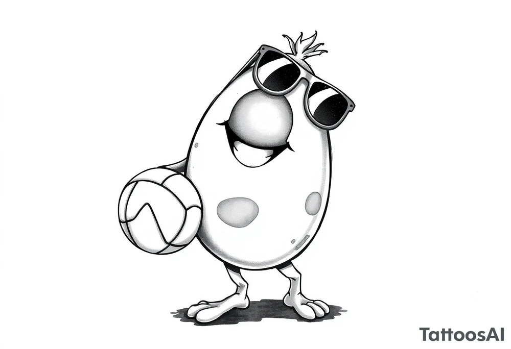 walking egg in snickers with cracked sheel in sunglasses, holding a volleyball tattoo idea