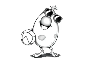 walking egg in snickers with cracked sheel in sunglasses, holding a volleyball tattoo idea