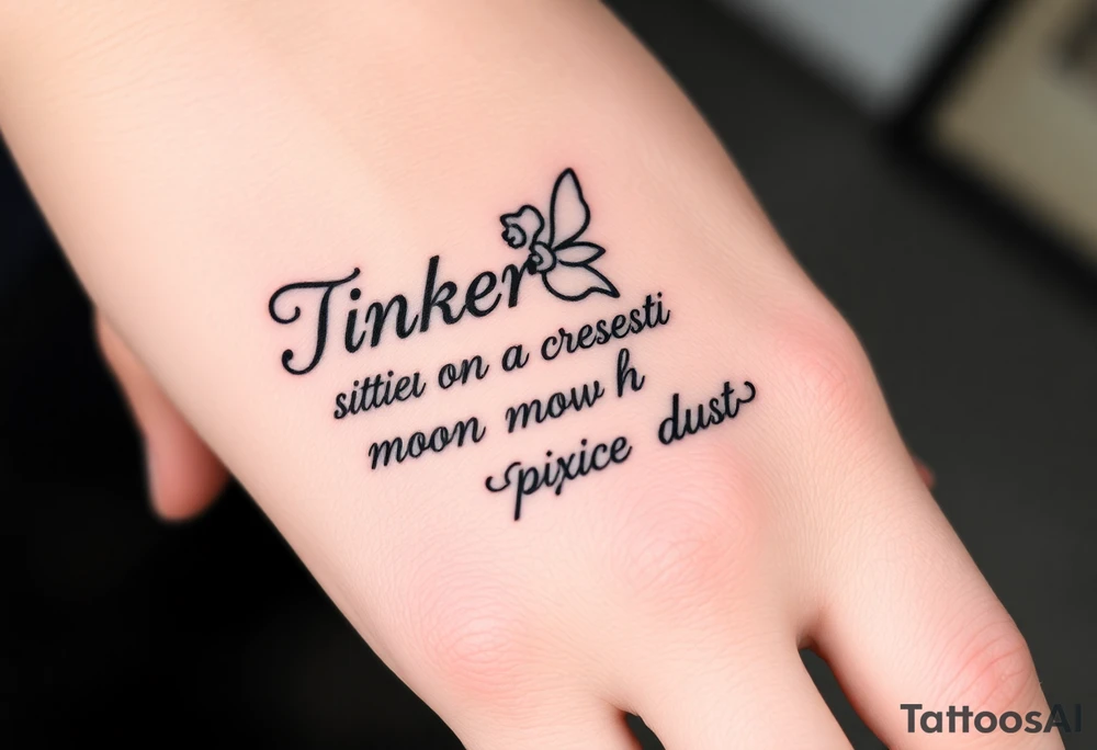 Tinkerbell sitting on a crest moon thrown pixie dust tattoo idea