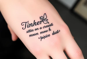 Tinkerbell sitting on a crest moon thrown pixie dust tattoo idea