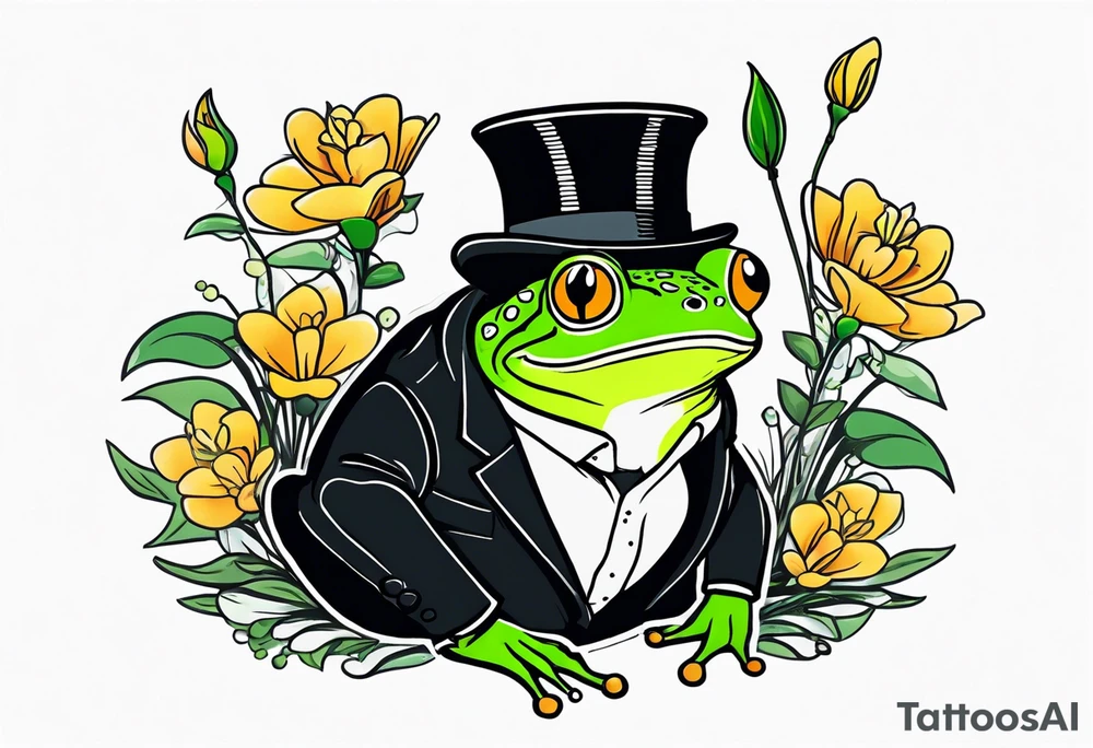 Cute Frog smiling wearing top hat and a suit standing on its Back legs while holding flowers tattoo idea