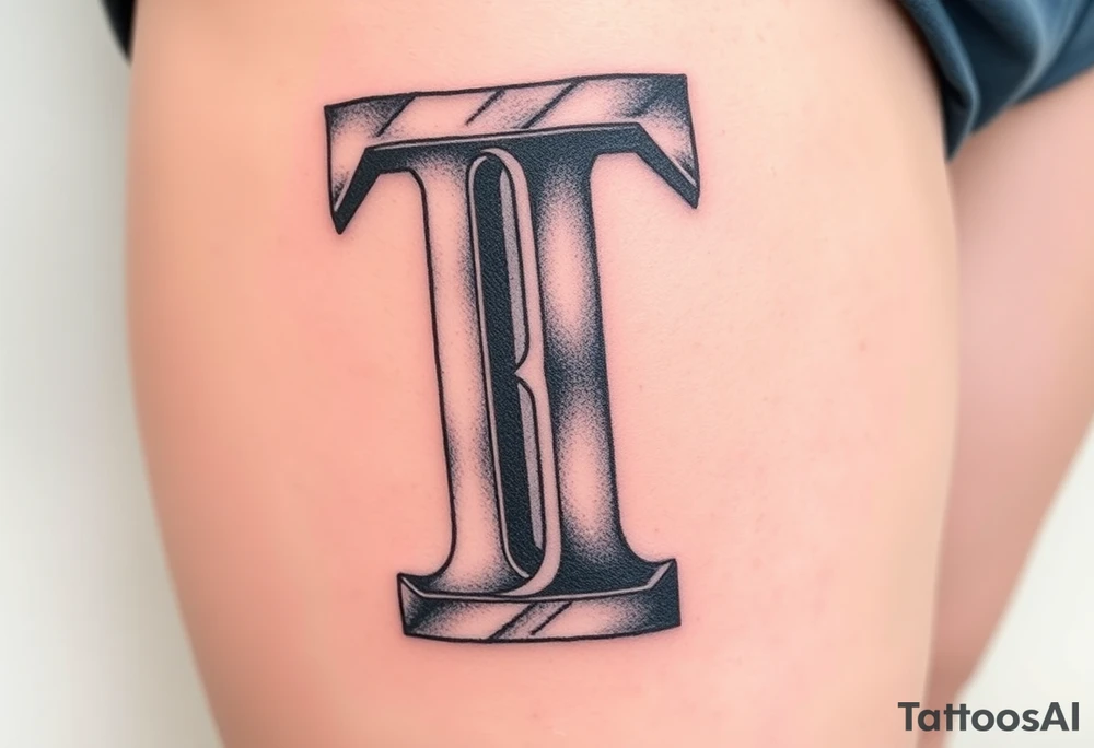 A 3D-styled "T" in steel gray with realistic depth and shading. tattoo idea