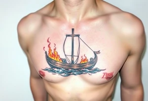 Boat on fire with cross as mast. Water colour tattoo idea