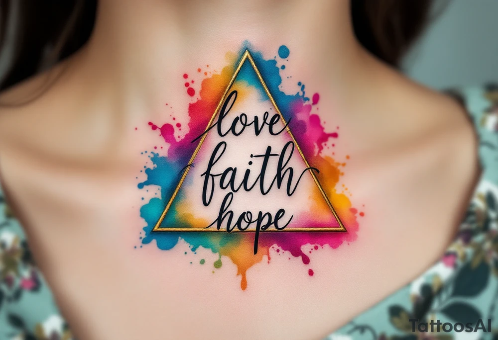 Words love faith hope arranged in a triangle, each corner marked with a watercolor splash—rose red, ocean blue, and golden yellow. tattoo idea