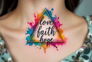 Words love faith hope arranged in a triangle, each corner marked with a watercolor splash—rose red, ocean blue, and golden yellow. tattoo idea