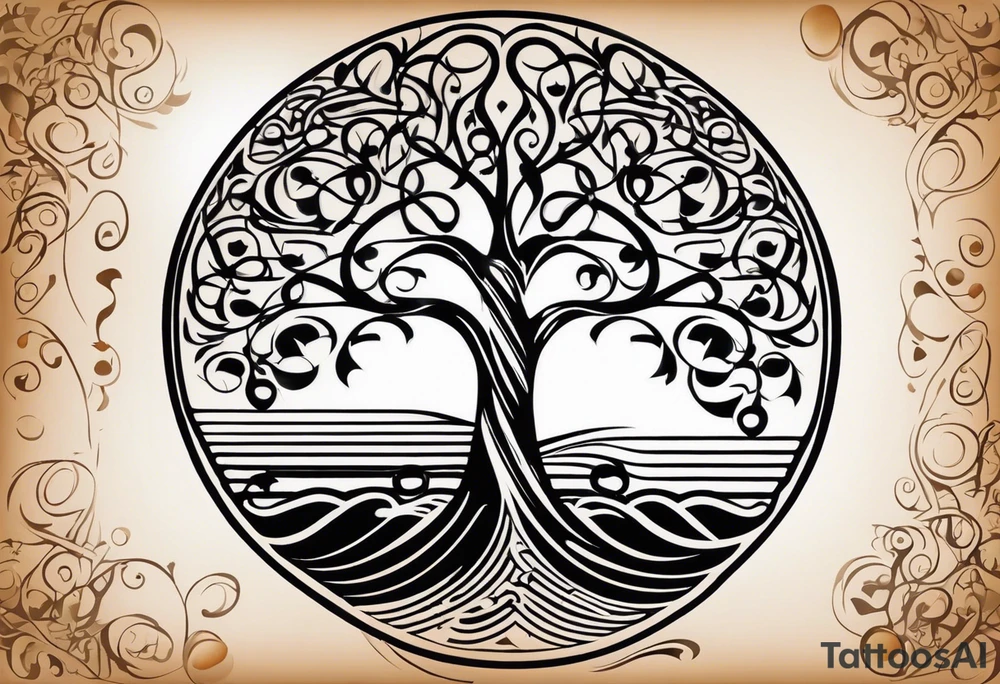 A tattoo design that incorporates the following elements: an abstract tree of life that has roots emerging  from the ground. Waves of water wrap around the tree in a non symmetrical design.  Incorporate musical notes into the tree. the letters U and A are overlapping and engraved into the tree. incorporate a golf ball or golf course symbols like a flag but not prominent. tattoo idea