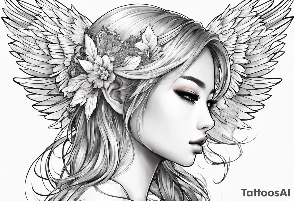 girl angel side profile, with wings, with floating halo, anime style tattoo idea
