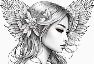 girl angel side profile, with wings, with floating halo, anime style tattoo idea