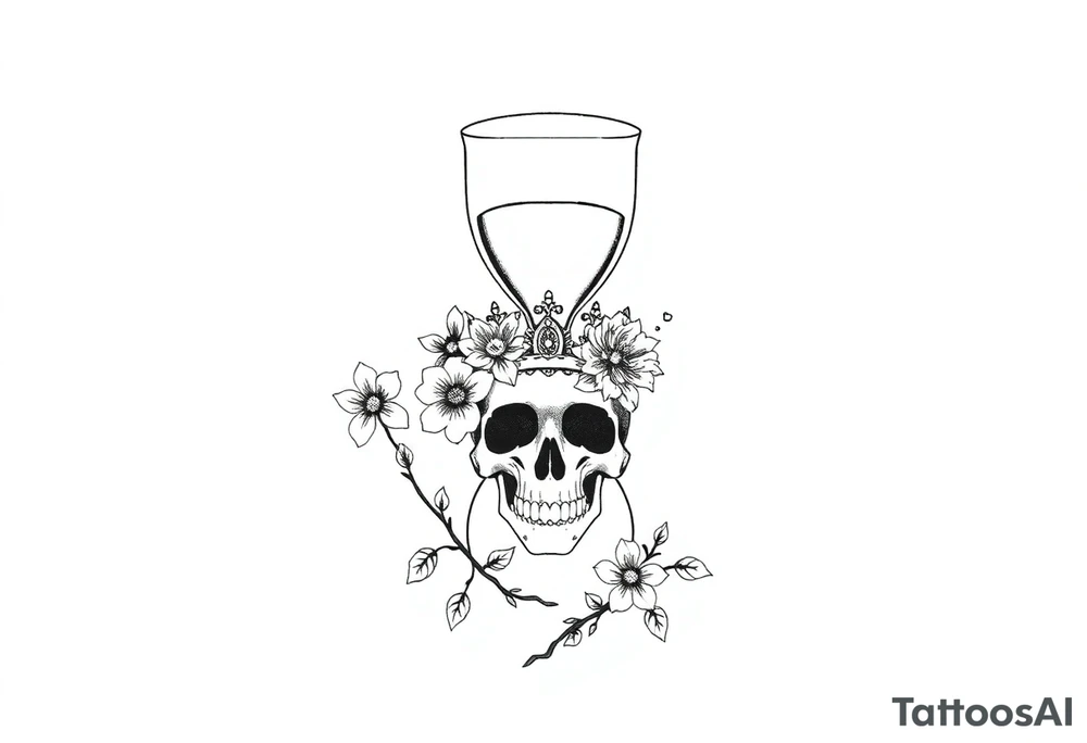 Hourglass with detailed beautiful gothic boho flowers on vine and skull with gorgeous crown tattoo idea