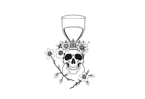 Hourglass with detailed beautiful gothic boho flowers on vine and skull with gorgeous crown tattoo idea
