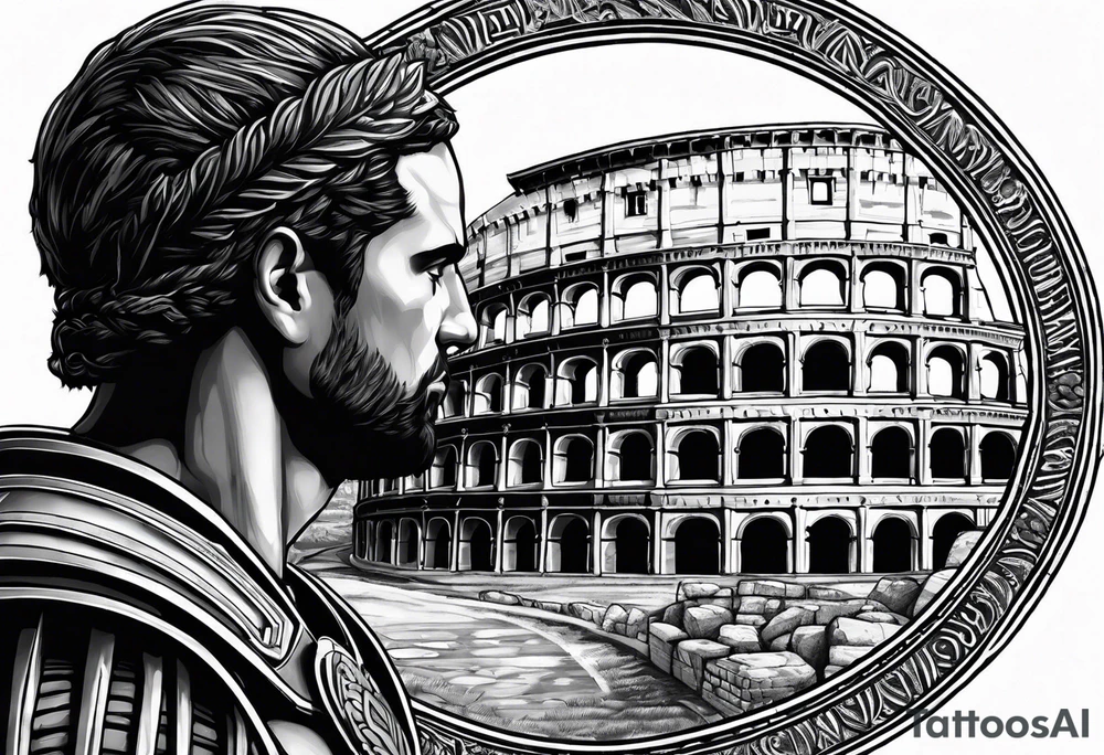 Side profile of spartan soilder looking at Roman colosseum tattoo idea