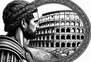 Side profile of spartan soilder looking at Roman colosseum tattoo idea