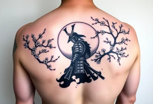 noble samurai warrior silhouette at sunset with cherry blossoms tattoo idea